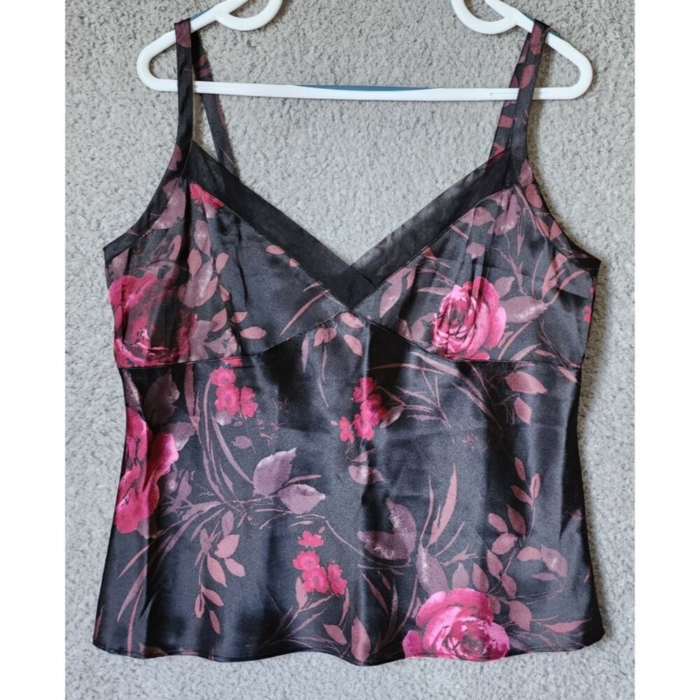 Vtg George Sleeveless Babydoll Cami Slip Top Black Satin Y2K 90s Whimsigoth Sz L